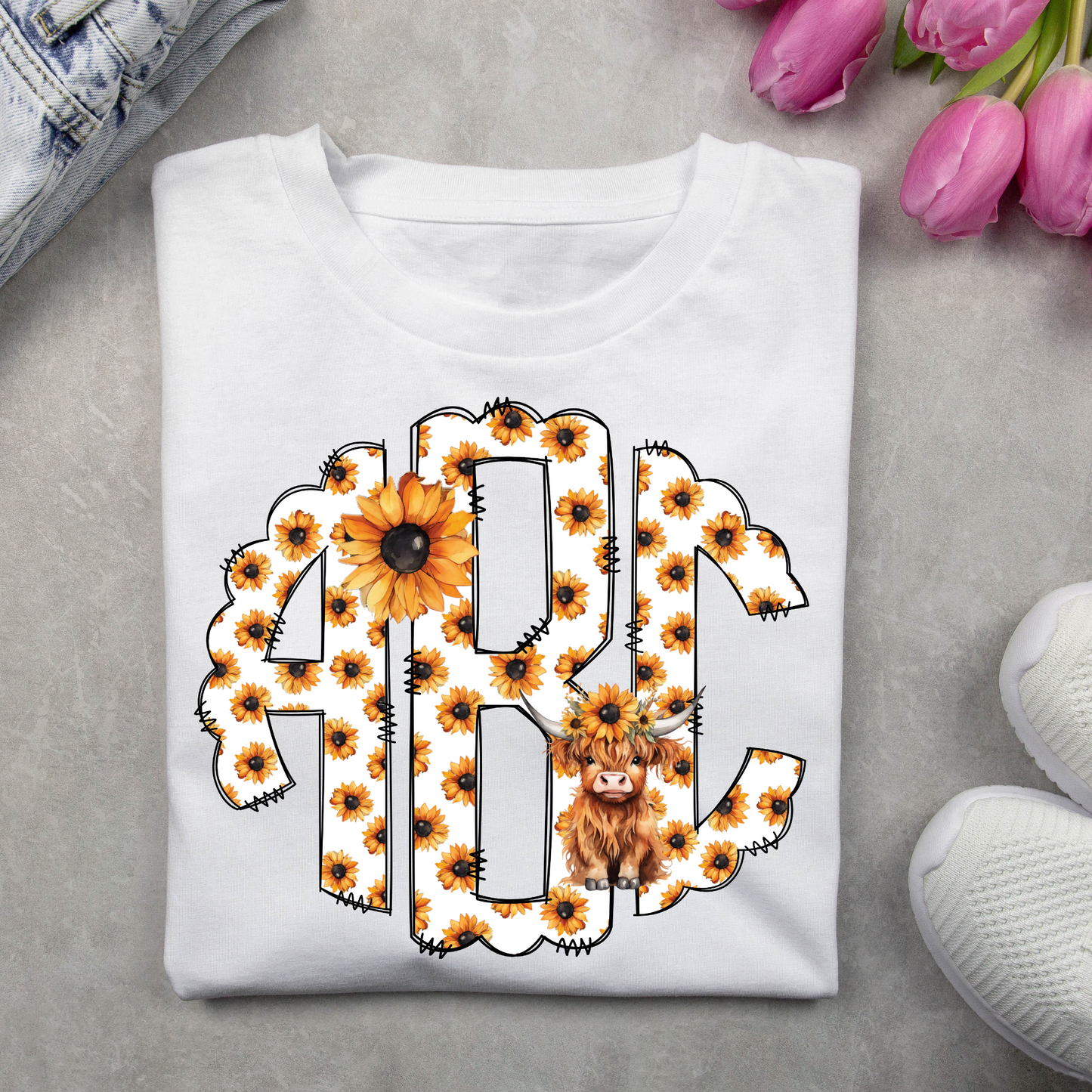 Sunflowers and Highland Cows Monograms