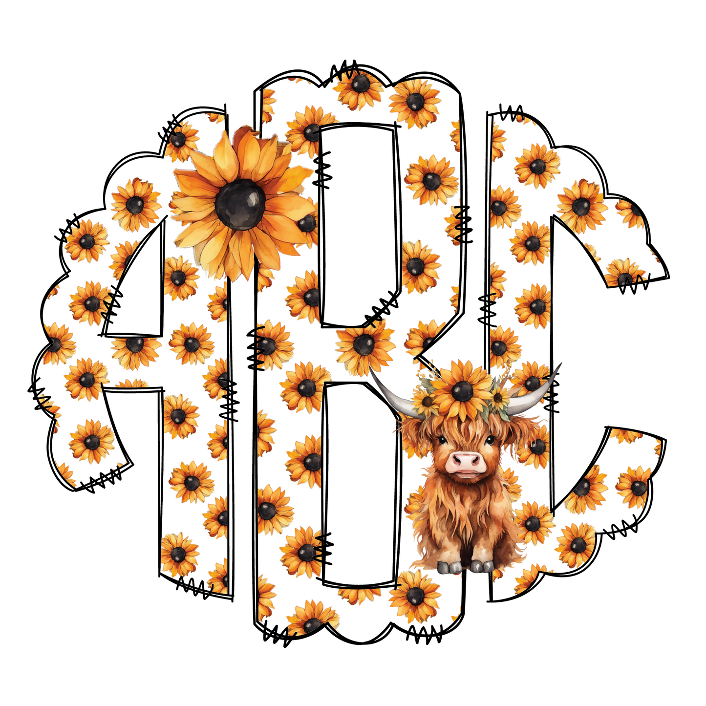 Sunflowers and Highland Cows Monograms