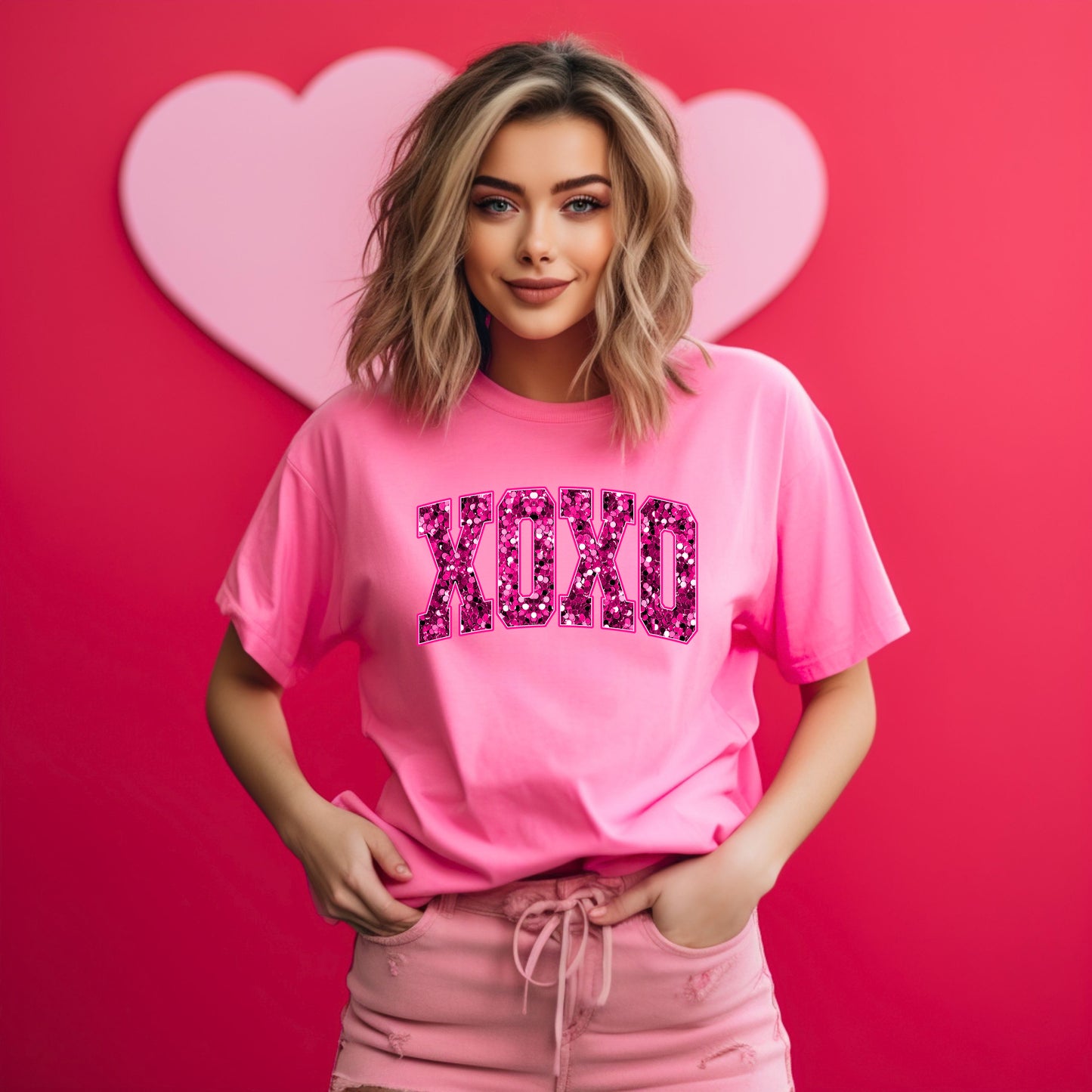 XOXO Valentine Pink Faux Sequin Valentines Day DTF Transfer