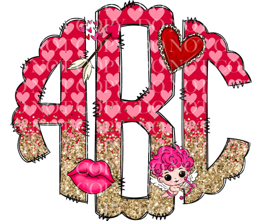 Hearts And Kiss Valentines Day Monogram DTF Transfer