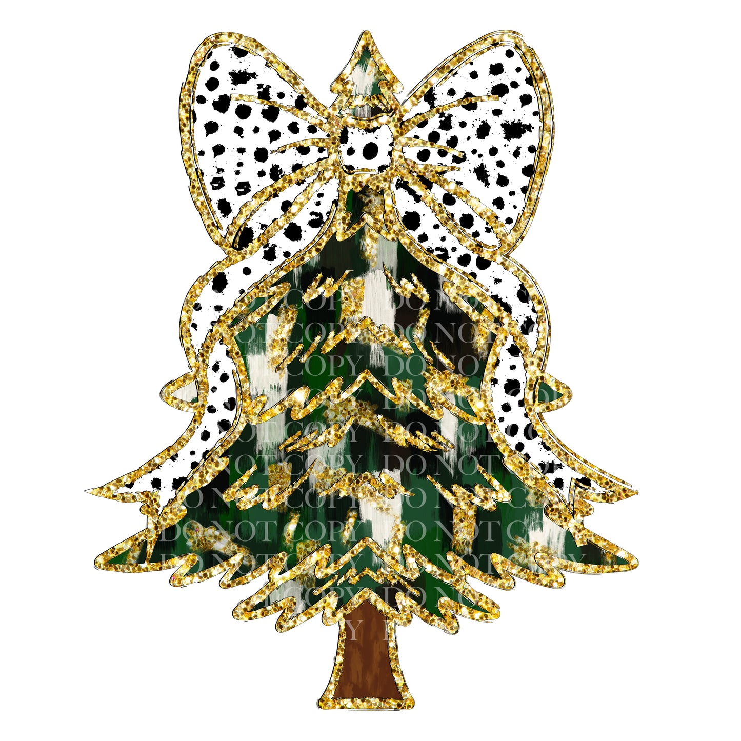 Green and Gold Brushstroke White Coquette Bow Christmas Tree